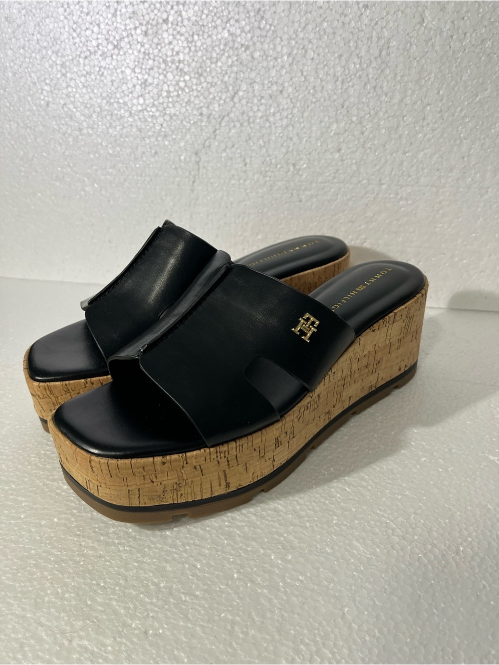 Tommy Hilfiger Black Leather Cork Platform Slide Sandals